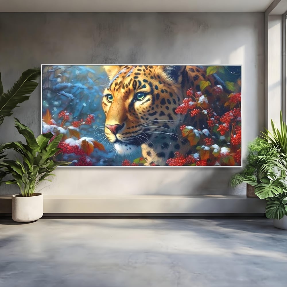 Tablou canvas cu tablou canvas cu jaguar in zapada, in rama de aluminiu argintiu